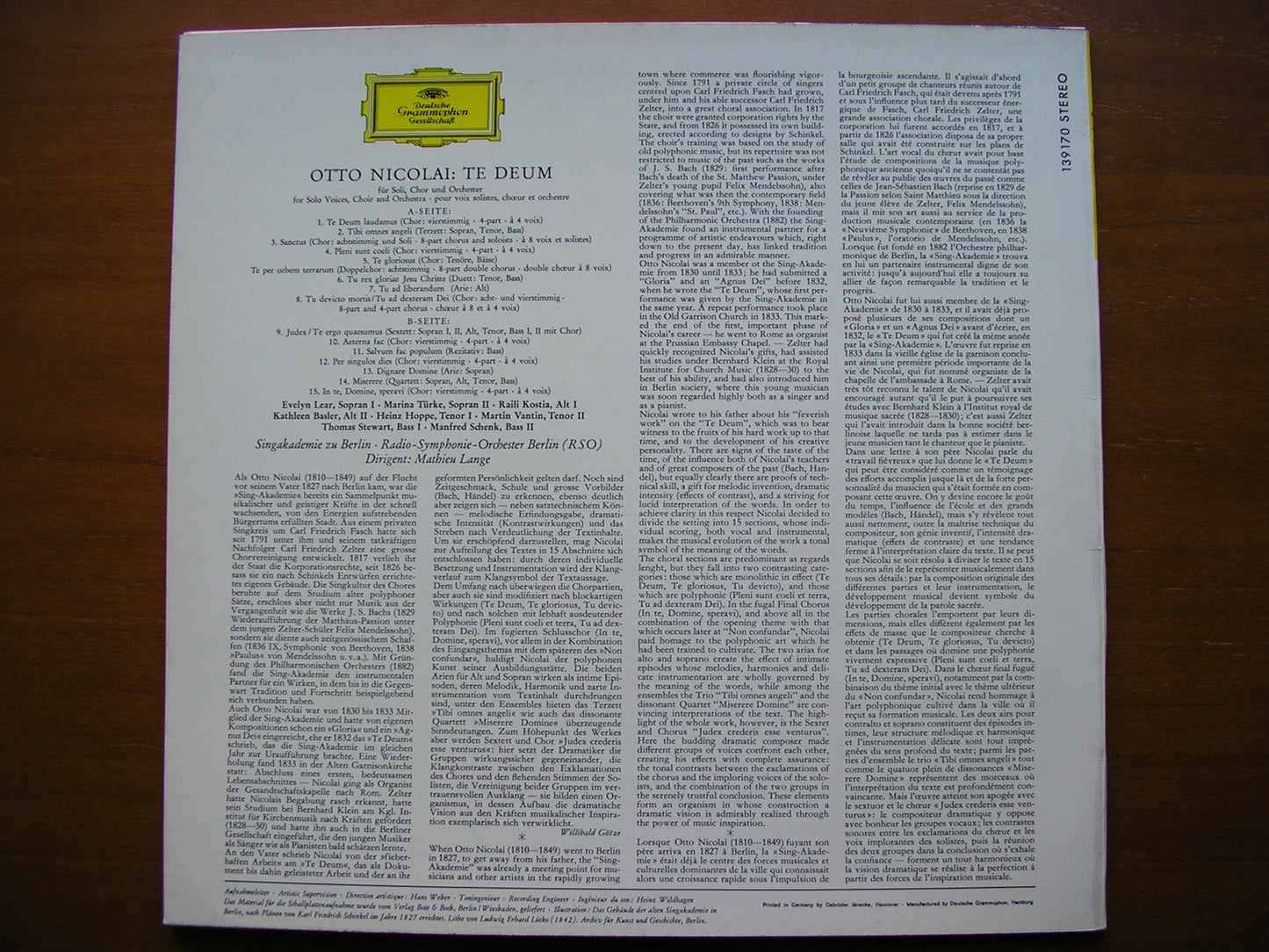 NICOLAI: TE DEUM    SOLOISTS / SINGAKADEMIE OF BERLIN / BERLIN RADIO SYMPHONY / LANGE    139 170