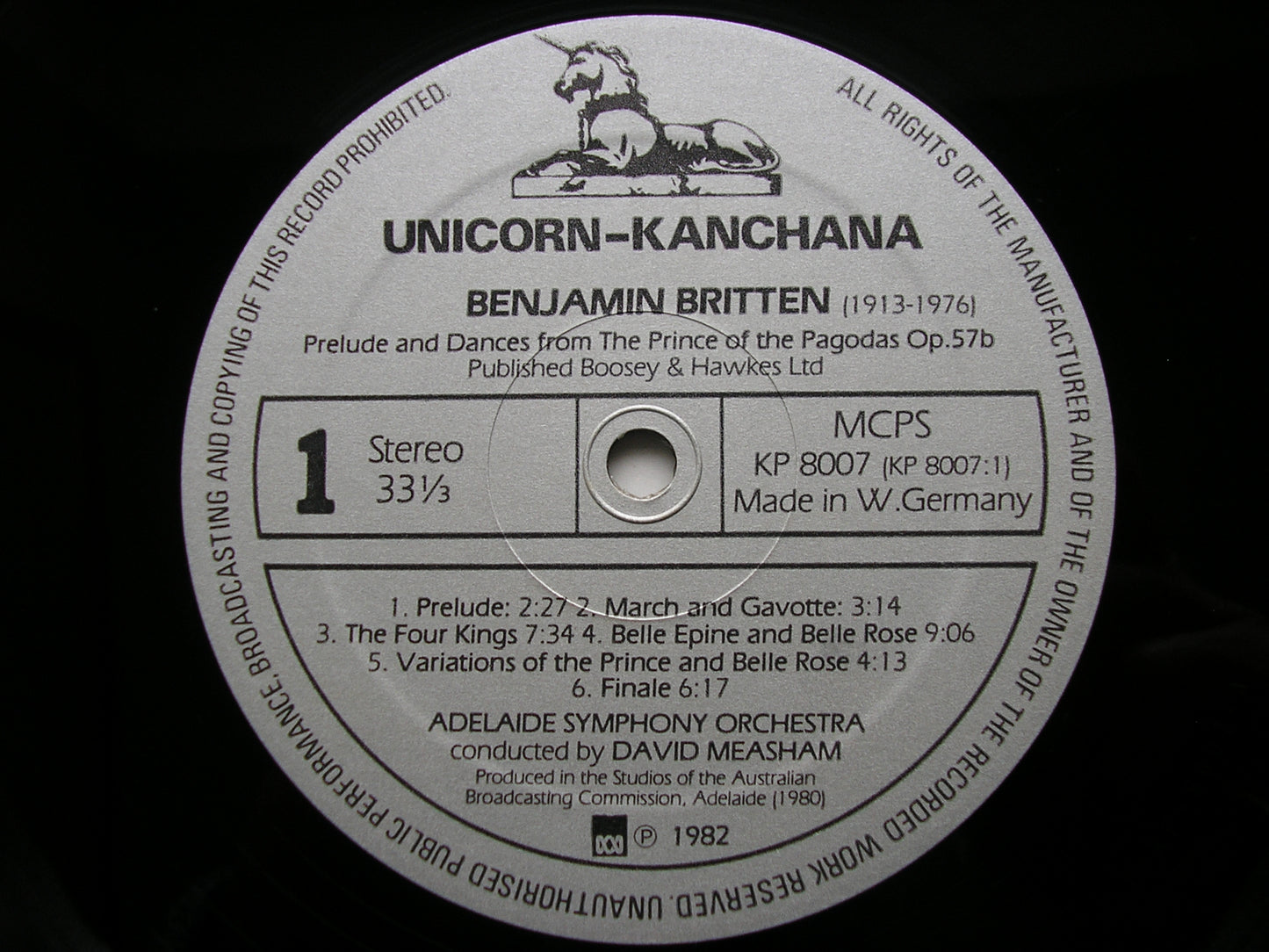BRITTEN: THE PRINCE OF THE PAGODAS Prelude & Dances / BRITISH & FRENCH FOLK SONGS       WEST AUSTRALIAN SYMPHONY / MEASHAM     KP 8007