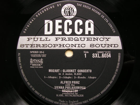 SXL 6054  MOZART: CLARINET CONCERTO / FLUTE & HARP CONCERTO    PRINZ / TRIPP / JELLINEK / VIENNA PHILHARMONIC / MUNCHINGER     ED1