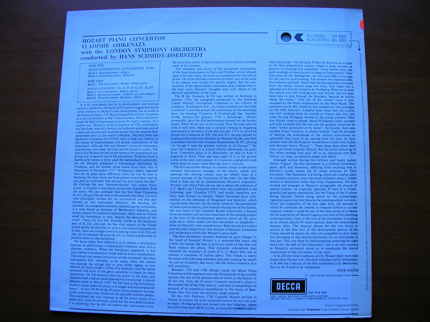 MOZART: PIANO CONCERTOS No. 6  K238  &  No. 20  K466      ASHKENAZY / LONDON SYMPHONY / SCHMIDT-ISSERSTEDT     test pressing      SXL 6353