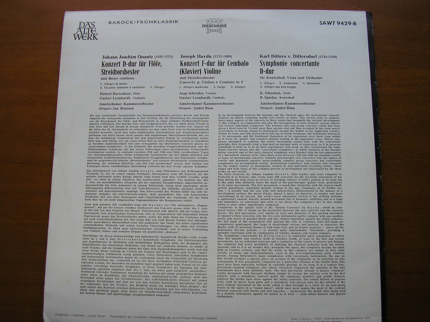 QUANTZ / HAYDN / DITTERSDORF: TWO CONCERTOS / SYMPHONIE CONCERTANTE     SOLOISTS / AMSTERDAM CHAMBER ORCHESTRA / RIEU     SAWT 9429