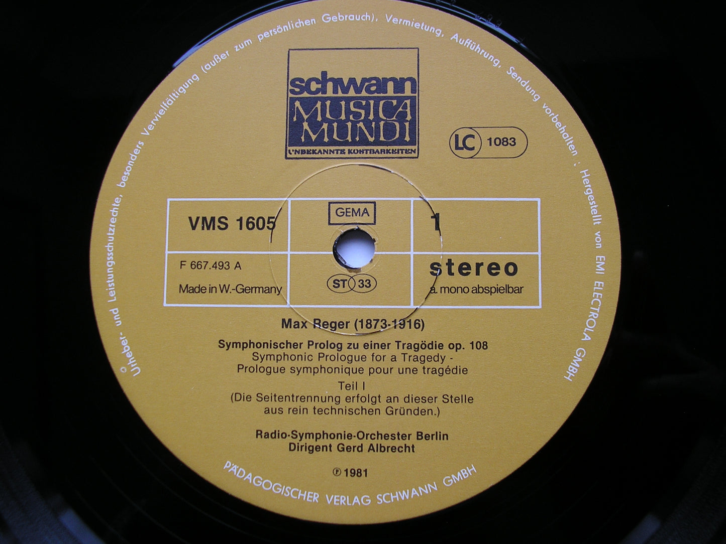 REGER: SYMPHONIC PROLOGUE FOR A TRAGEDY Op. 108     BERLIN RADIO SYMPHONY / ALBRECHT    VMS 1605