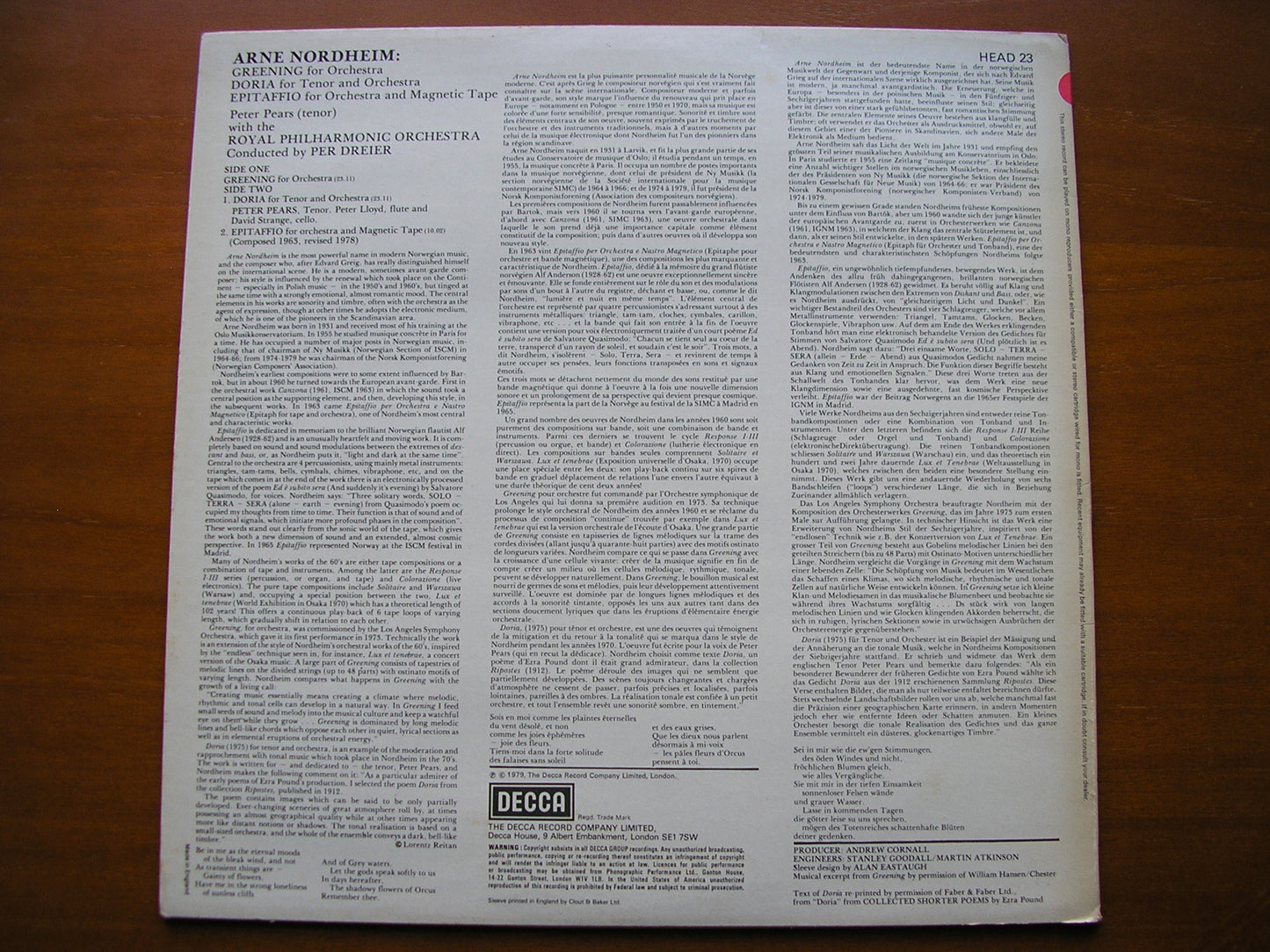 NORDHEIM: ORCHESTRAL MUSIC     PEARS / ROYAL PHILHARMONIC / DREIER     test pressing    HEAD 23