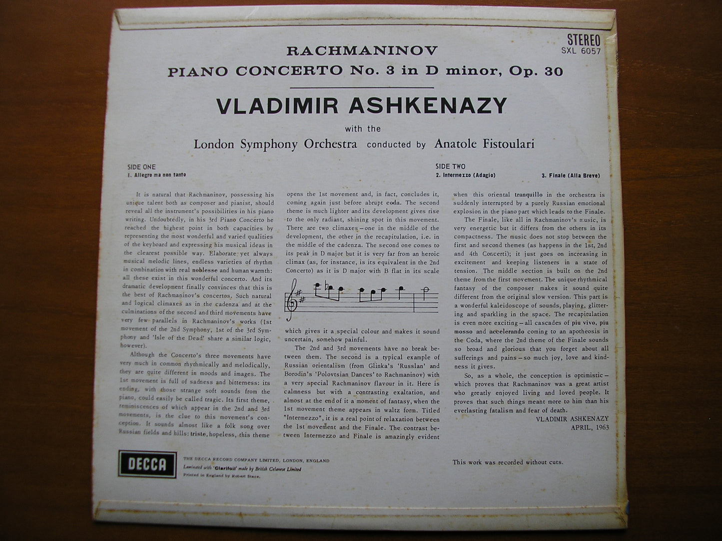 SXL 6057  RACHMANINOV: PIANO CONCERTO No. 3     ASHKENAZY / LONDON SYMPHONY / FISTOULARI      ED1