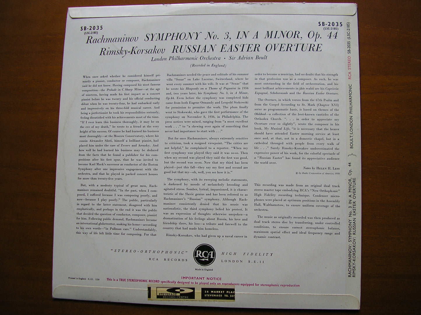 RACHMANINOV: SYMPHONY No. 3 / RIMSKY - KORSAKOV: RUSSIAN EASTER FESTIVAL     BOULT / LONDON PHILHARMONIC    SB 2035