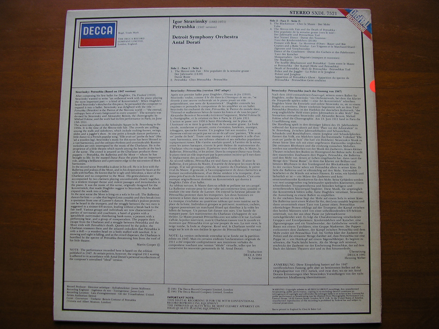 STRAVINSKY: PETRUSHKA      DORATI / DETROIT SYMPHONY    test pressing     SXDL 7521