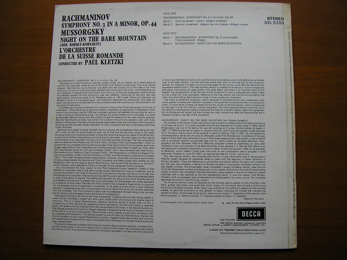 RACHMANINOV: SYMPHONY No. 3 / MUSSORGSKY: NIGHT ON BARE MOUNTAIN      KLETZKI / SUISSE ROMANDE      SXL 6399
