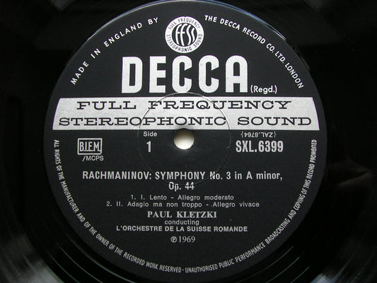 RACHMANINOV: SYMPHONY No. 3 / MUSSORGSKY: NIGHT ON BARE MOUNTAIN      KLETZKI / SUISSE ROMANDE      SXL 6399
