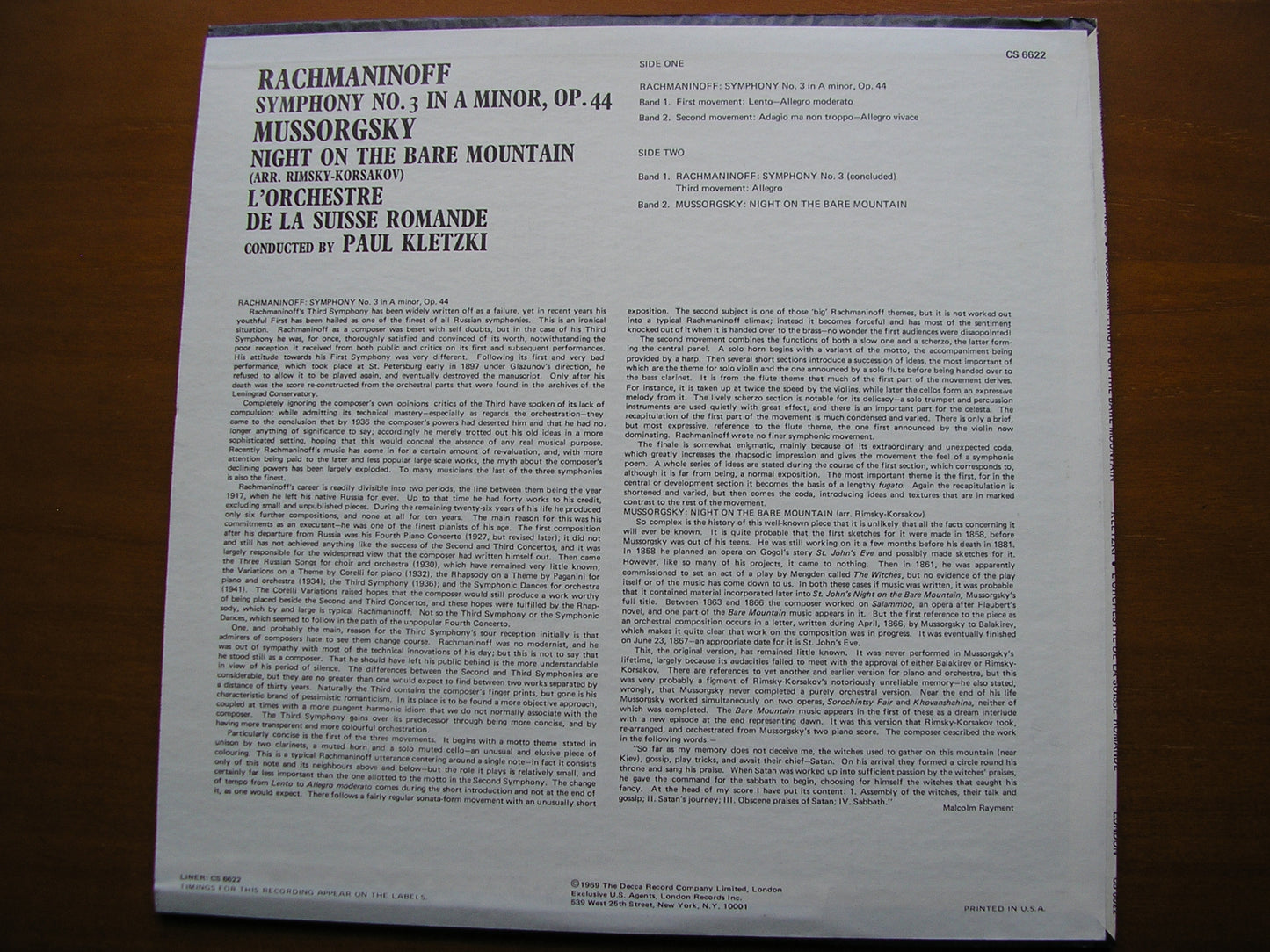 RACHMANINOV: SYMPHONY No. 3 / MUSSORGSKY: NIGHT ON BARE MOUNTAIN     KLETZKI / SUISSE ROMANDE     CS 6622