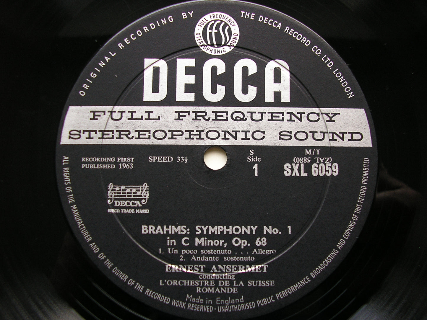 SXL 6059  BRAHMS: SYMPHONY No.1     ANSERMET / SUISSE ROMANDE      ED1