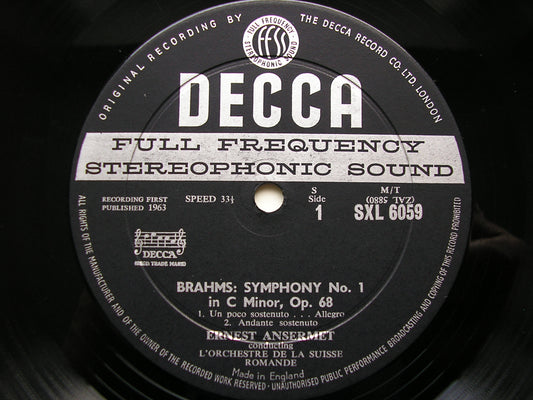 SXL 6059  BRAHMS: SYMPHONY No.1     ANSERMET / SUISSE ROMANDE      ED1