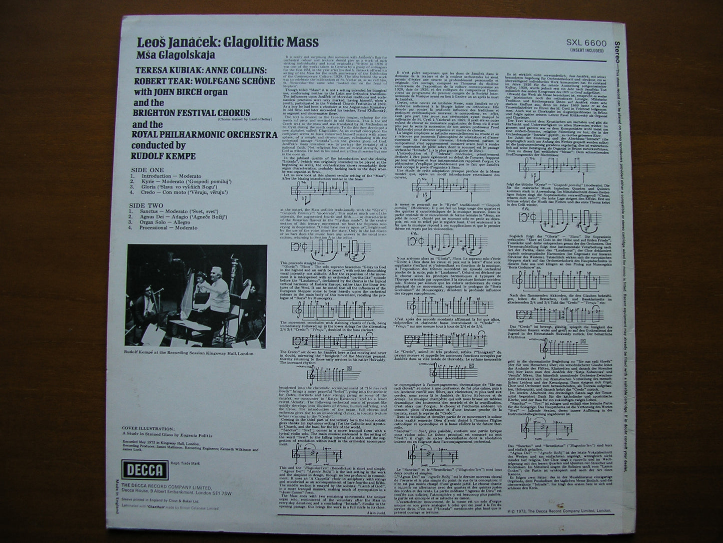 JANACEK: GLAGOLITIC MASS      SOLOISTS / ROYAL PHILHARMONIC / KEMPE     SXL 6600