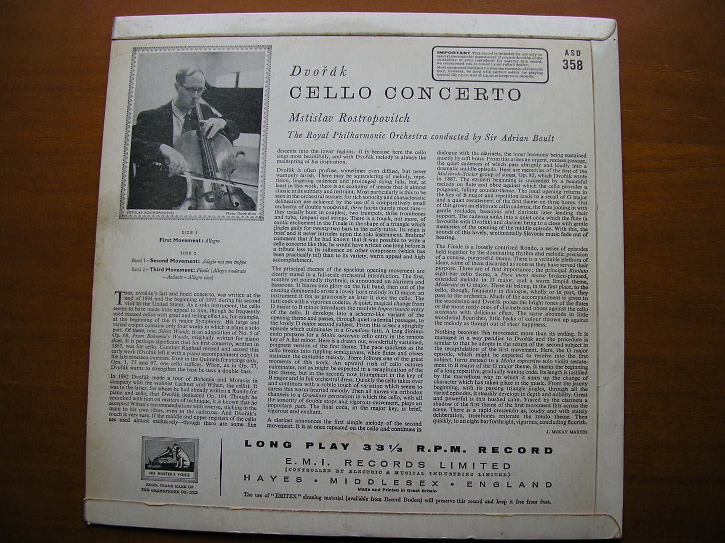 DVORAK: CELLO CONCERTO    ROSTROPOVICH / ROYAL PHILHARMONIC / BOULT    ASD 358