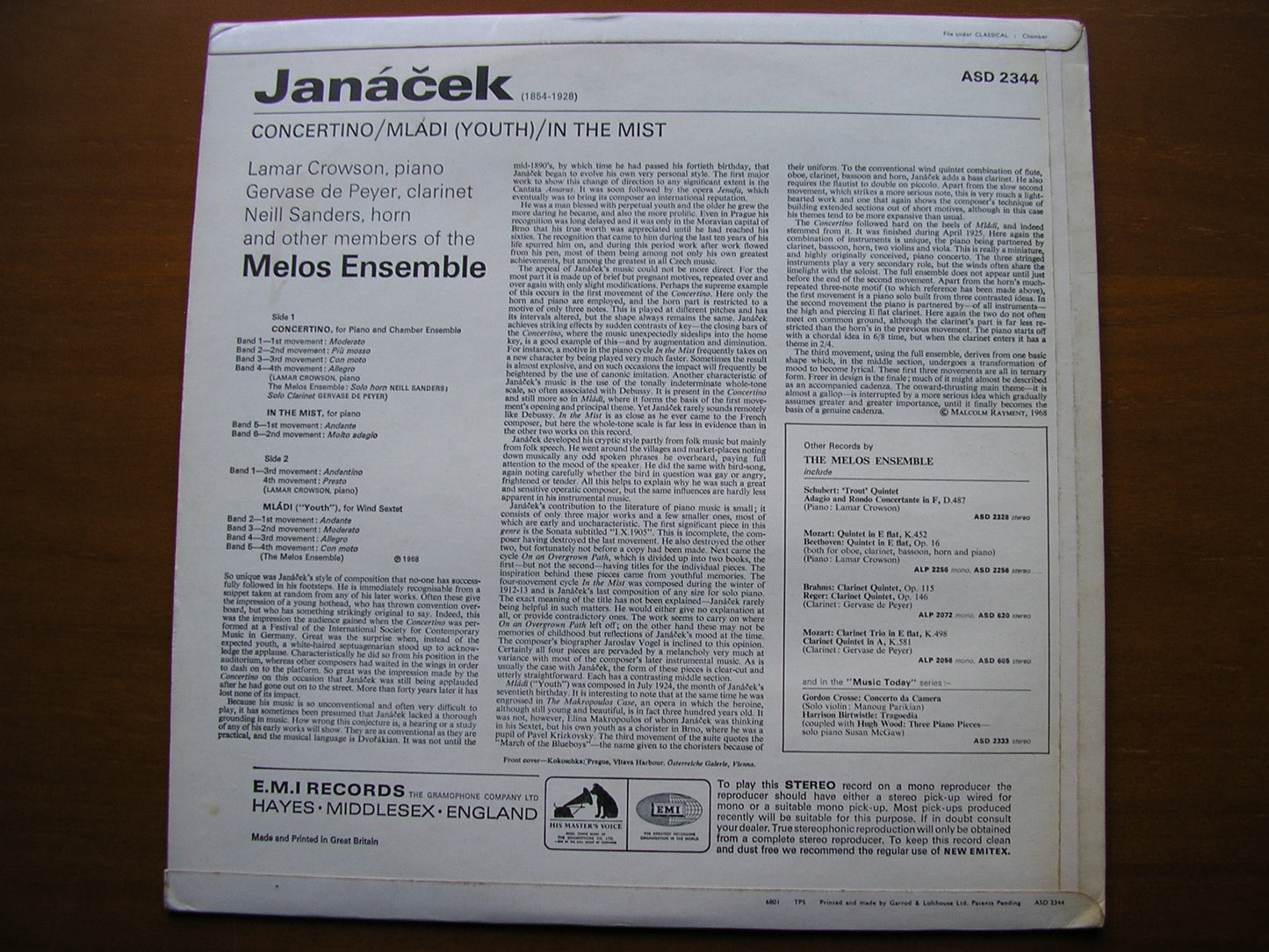 JANACEK: CHAMBER MUSIC     THE MELOS ENSEMBLE     ASD 2344