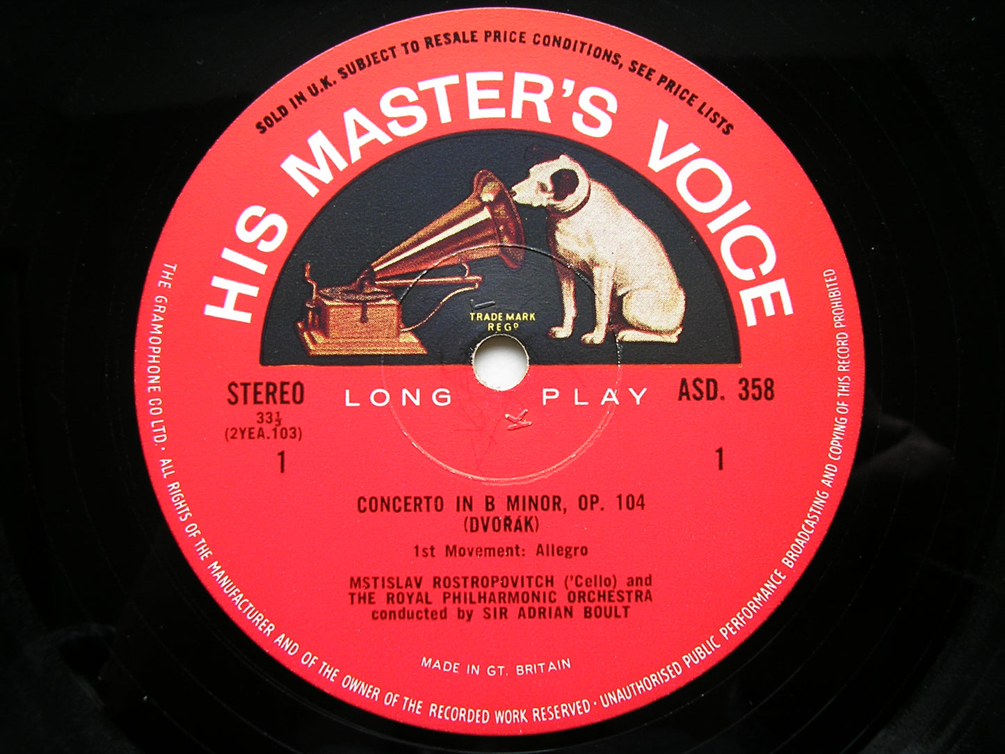 DVORAK: CELLO CONCERTO    ROSTROPOVICH / ROYAL PHILHARMONIC / BOULT    ASD 358