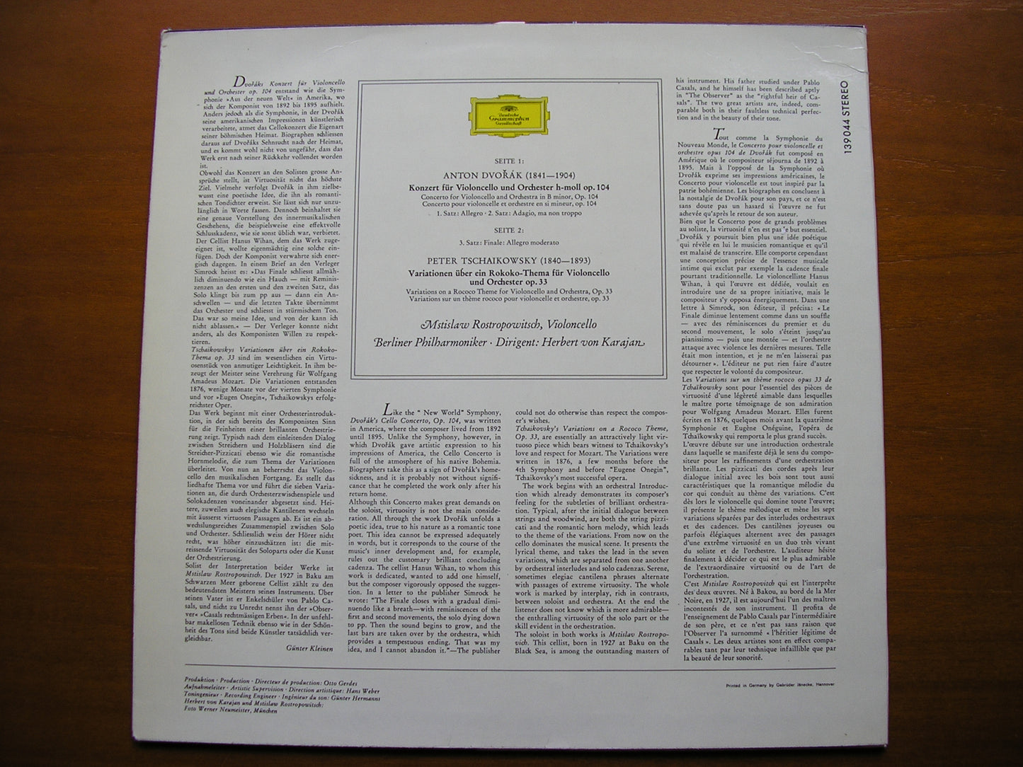 DVORAK: CELLO CONCERTO / TCHAIKOVSKY: ROCOCO VARIATIONS    ROSTROPOVICH / BPO / KARAJAN    139 044