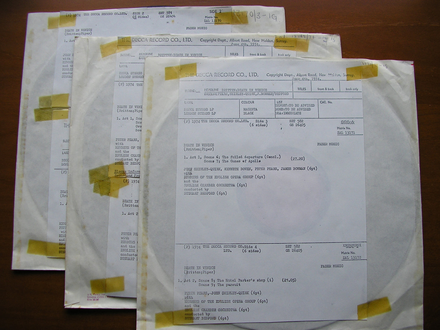 BRITTEN: DEATH IN VENICE    PEARS / SHIRLEY-QUIRK / ENGLISH OPERA GROUP / ENGLISH CHAMBER ORCHESTRA / BEDFORD   3LP   test pressing    SET 581-3