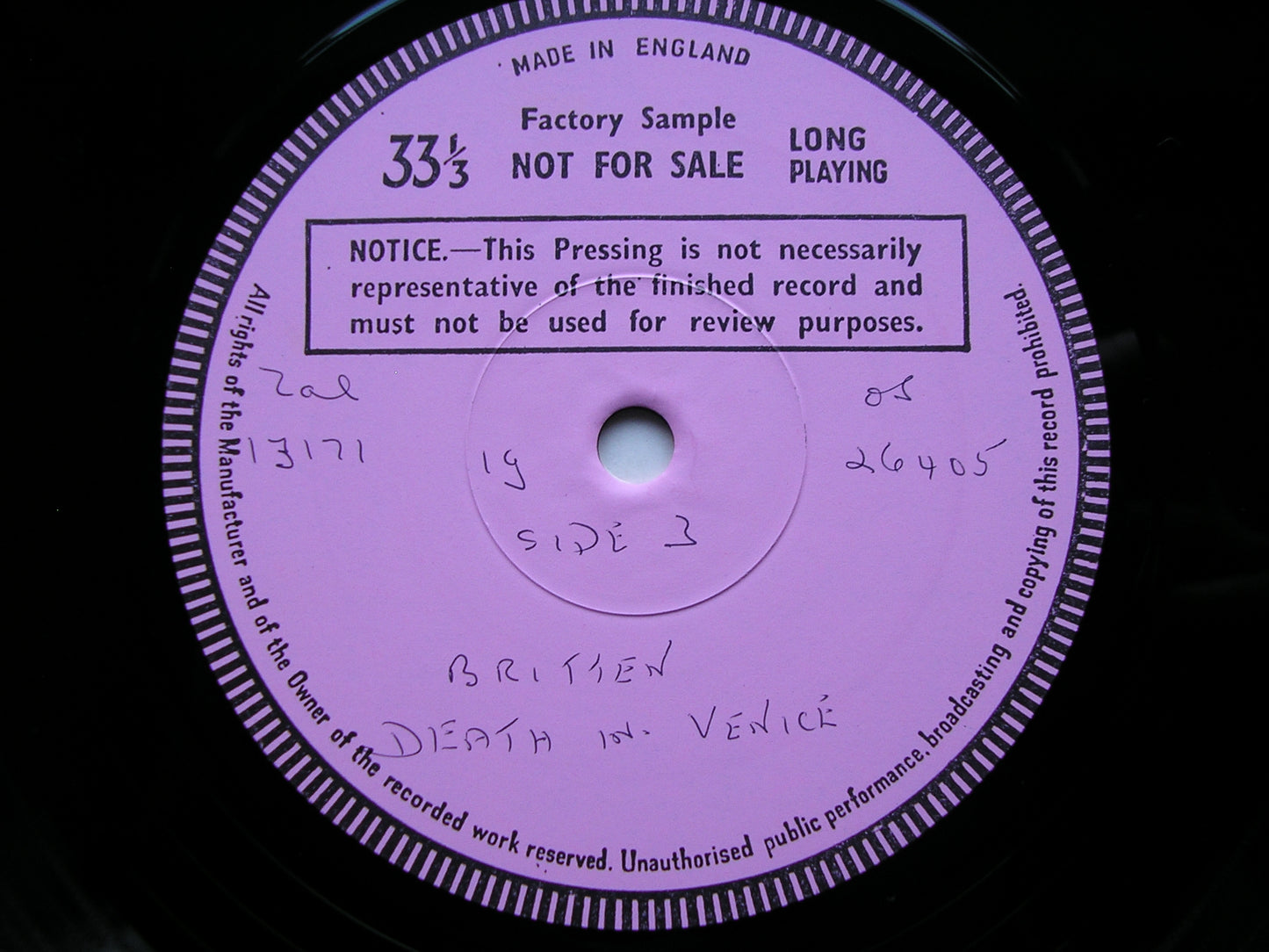 BRITTEN: DEATH IN VENICE    PEARS / SHIRLEY-QUIRK / ENGLISH OPERA GROUP / ENGLISH CHAMBER ORCHESTRA / BEDFORD   3LP   test pressing    SET 581-3