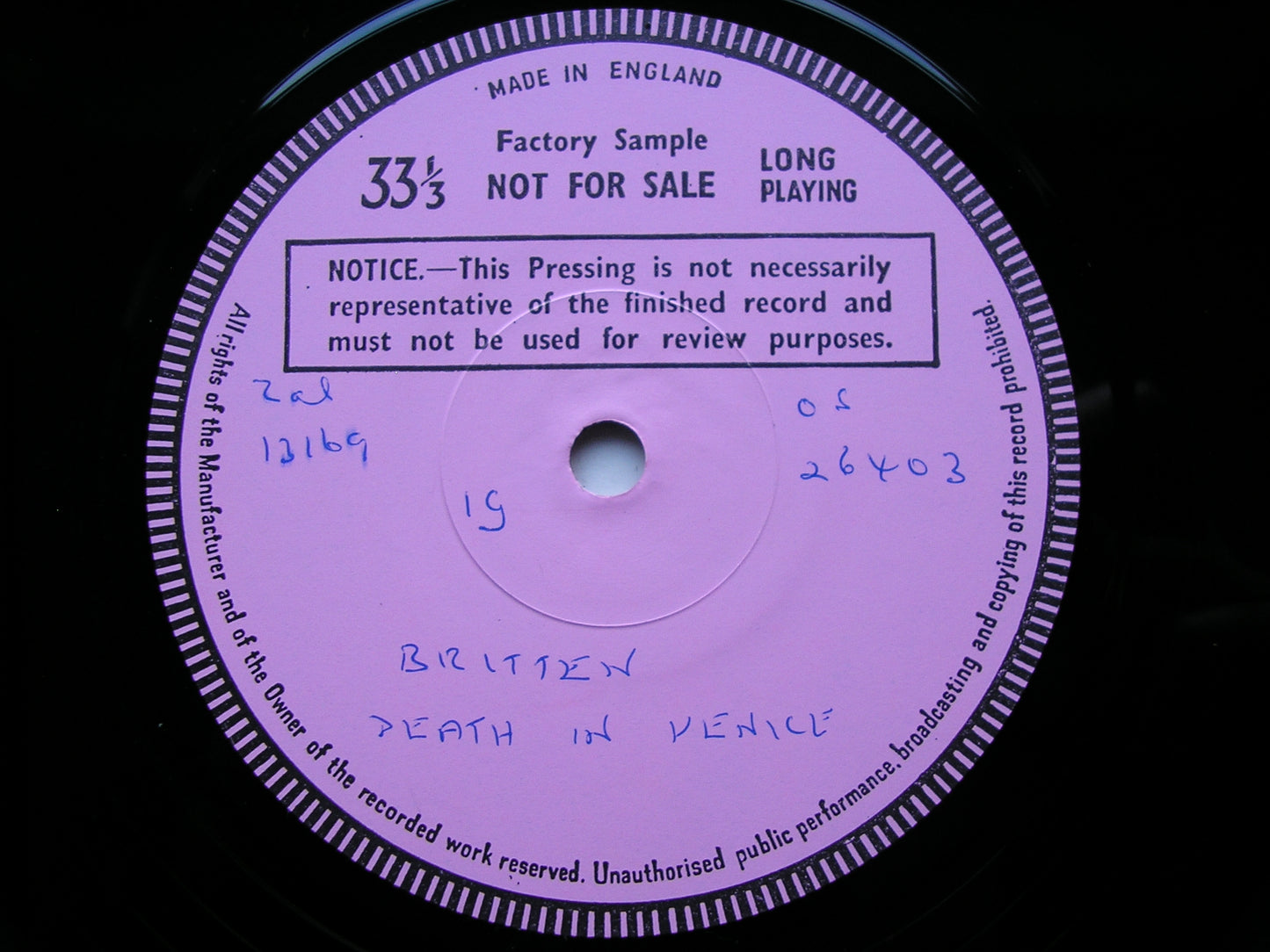 BRITTEN: DEATH IN VENICE    PEARS / SHIRLEY-QUIRK / ENGLISH OPERA GROUP / ENGLISH CHAMBER ORCHESTRA / BEDFORD   3LP   test pressing    SET 581-3