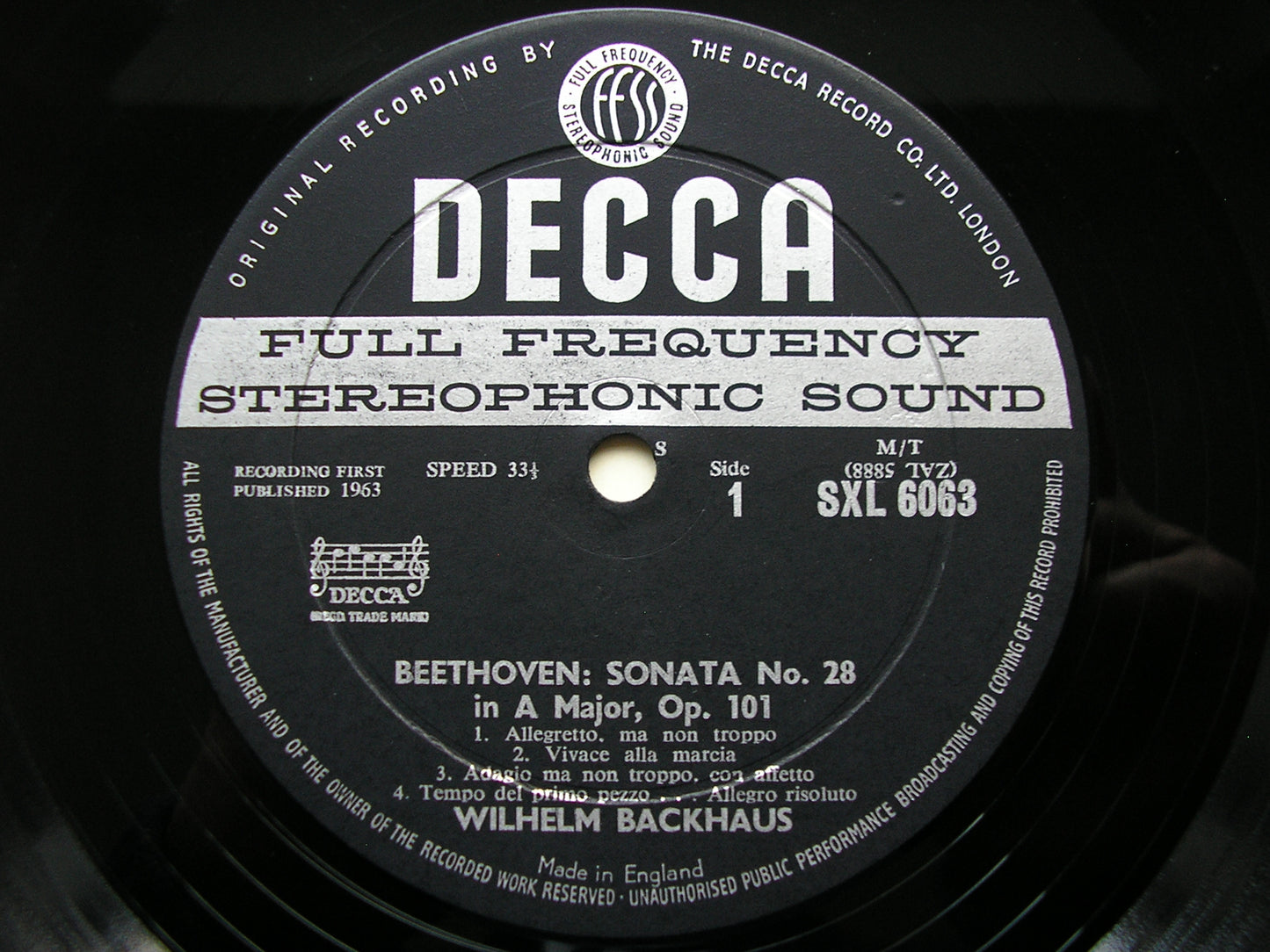 SXL 6063  BEETHOVEN: PIANO SONARAS Nos. 17 & 28       WILELM BACKHAUS      ED1