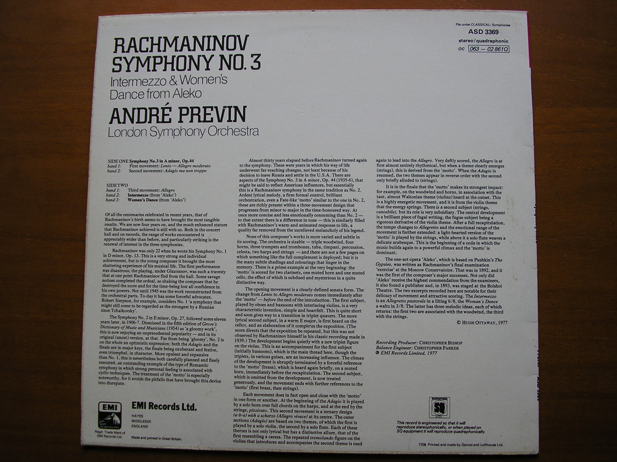 RACHMANINOV: SYMPHONY No. 3 / ALEKO Intermezzo / Women's Dance      PREVIN / LONDON SYMPHONY      ASD 3369