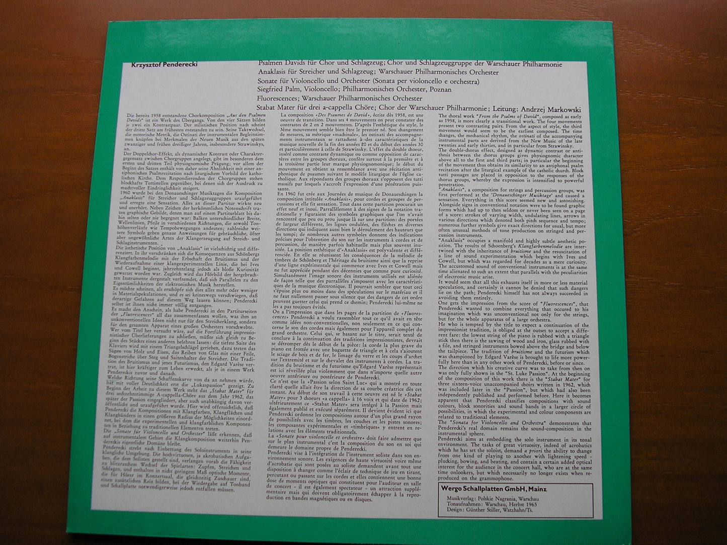 PENDERECKI: PSALMEN DAVIDS / ANAKLASIS / SONATA FOR CELLO & ORCHESTRA / FLUORESCENCES     PALM / WARSAW PHILHARMONIC / MARKOWSKI