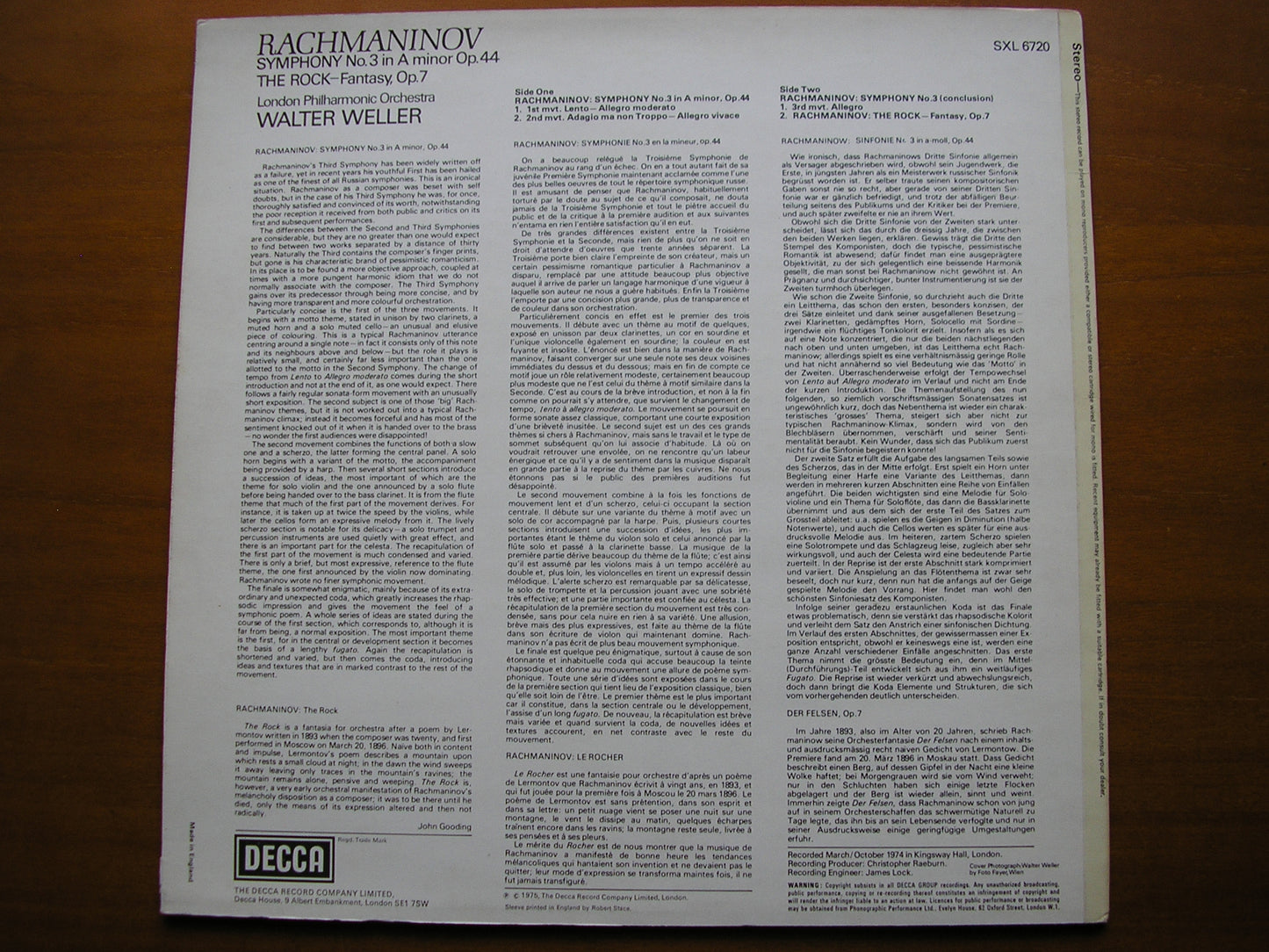 RACHMANINOV: SYMPHONY No. 3 / THE ROCK       WELLER / LONDON PHILHARMONIC     SXL 6720