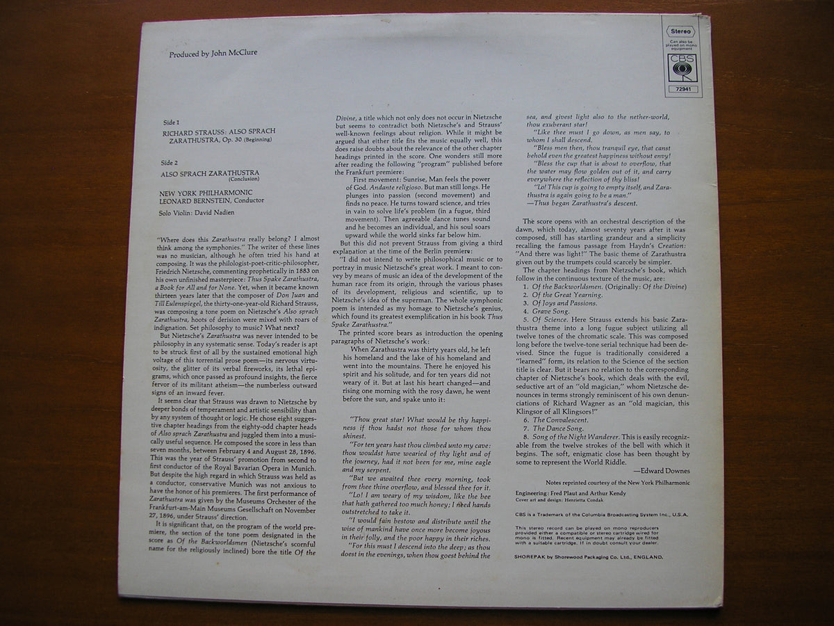 STRAUSS: ALSO SPRACH ZARATHUSTRA      BERNSTEIN / NEW YORK PHILHARMONIC     72941
