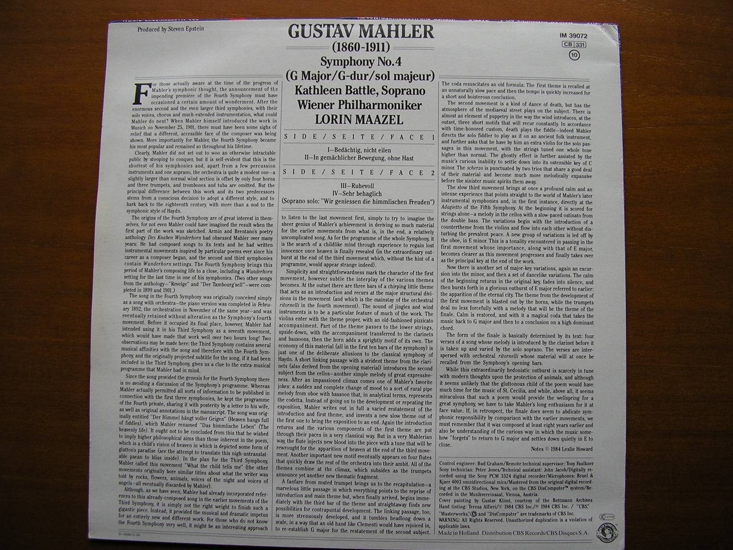 MAHLER: SYMPHONY No. 4     BATTLE / VIENNA PHILHARMONIC / MAAZEL     IM 39072