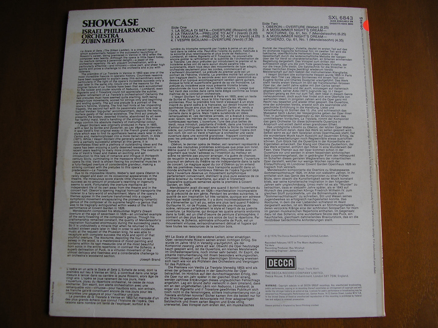 SHOWCASE: 19th CENTURY ORCHESTRAL MUSIC     MEHTA / ISRAEL PHILHARMONIC  test pressing   SXL 6843