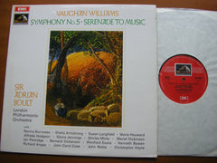 VAUGHAN WILLIAMS: SYMPHONY No. 5 / SERENADE TO MUSIC   SOLOISTS / LONDON PHILHARMONIC / BOULT      ASD 2538