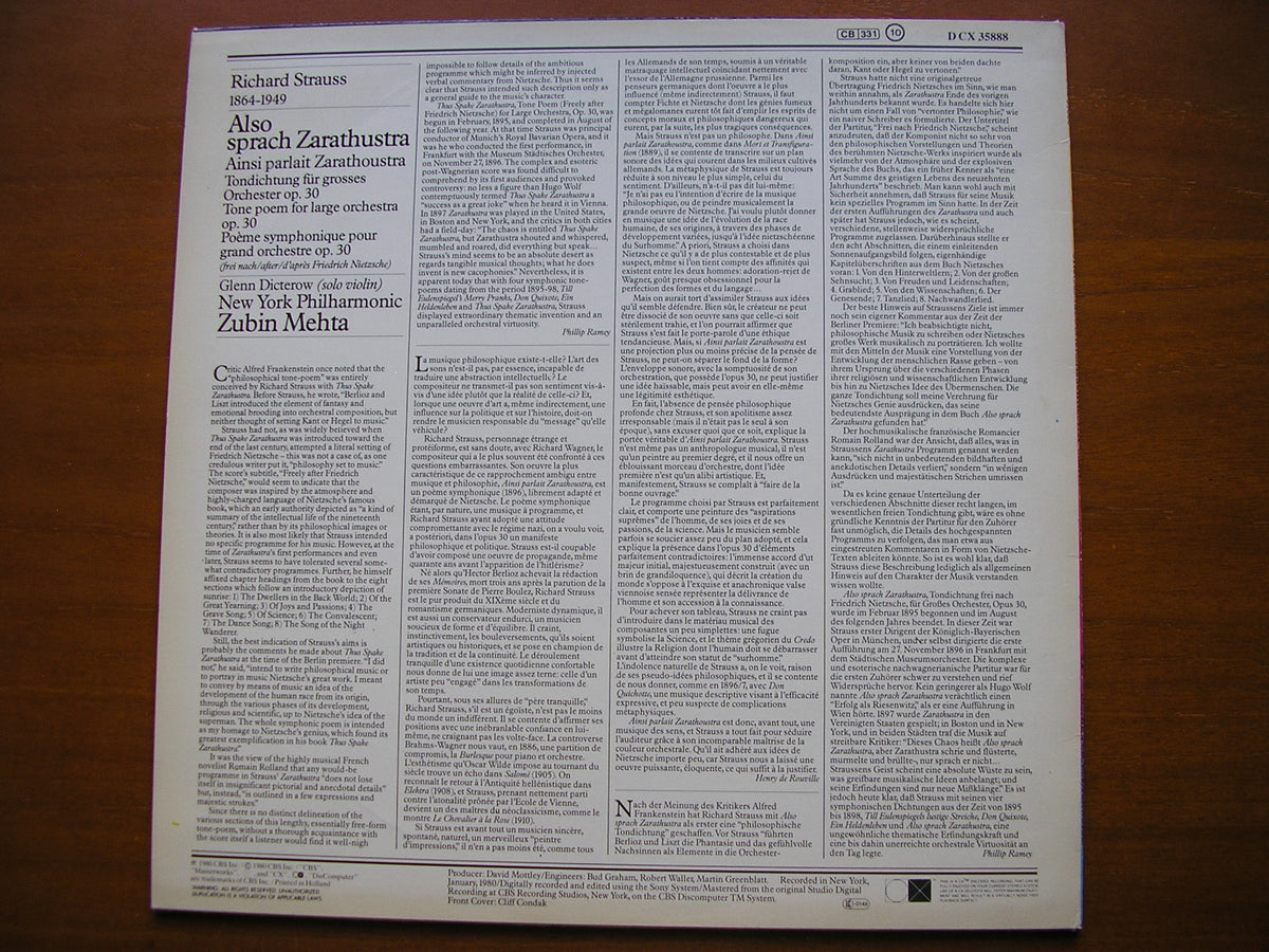 STRAUSS: ALSO SPRACH ZARATHUSTRA     MEHTA / NEW YORK PHILHARMONIC     DCX 35888
