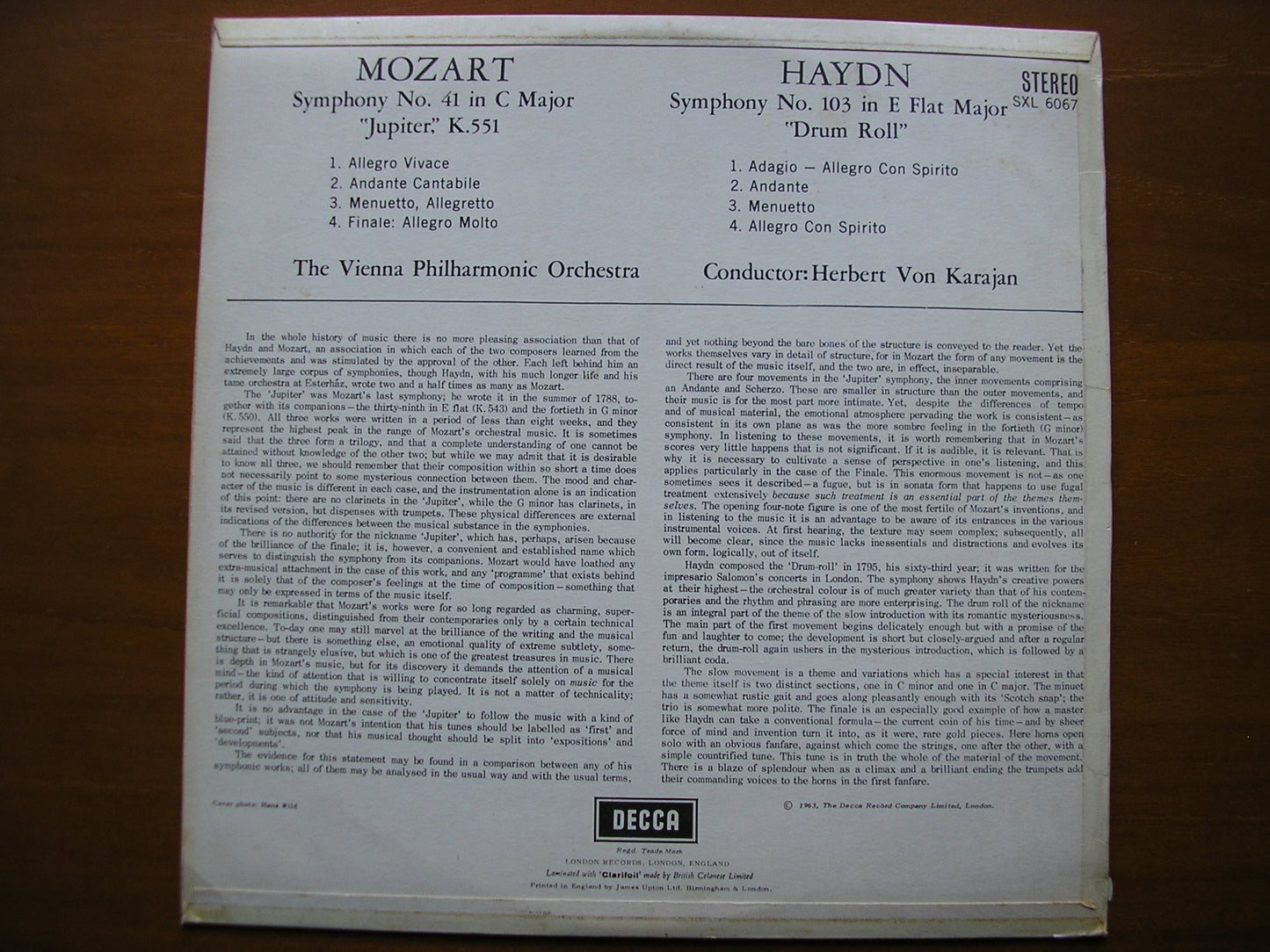 SXL 6067  MOZART: SYMPHONY No. 41 / HAYDN: SYMPHONY No. 103      KARAJAN / VIENNA PHILHARMONIC      ED1