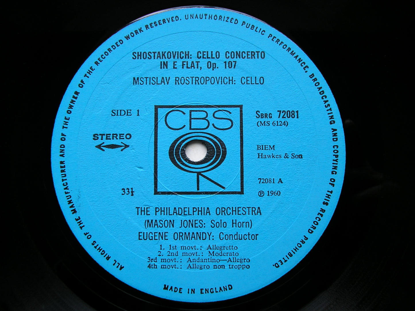 SHOSTAKOVICH: CELLO CONCERTO No. 1 / SYMPHONY No. 1    ROSTROPOVICH / PHILADELPHIA ORCHESTRA / ORMANDY   SBRG 72081