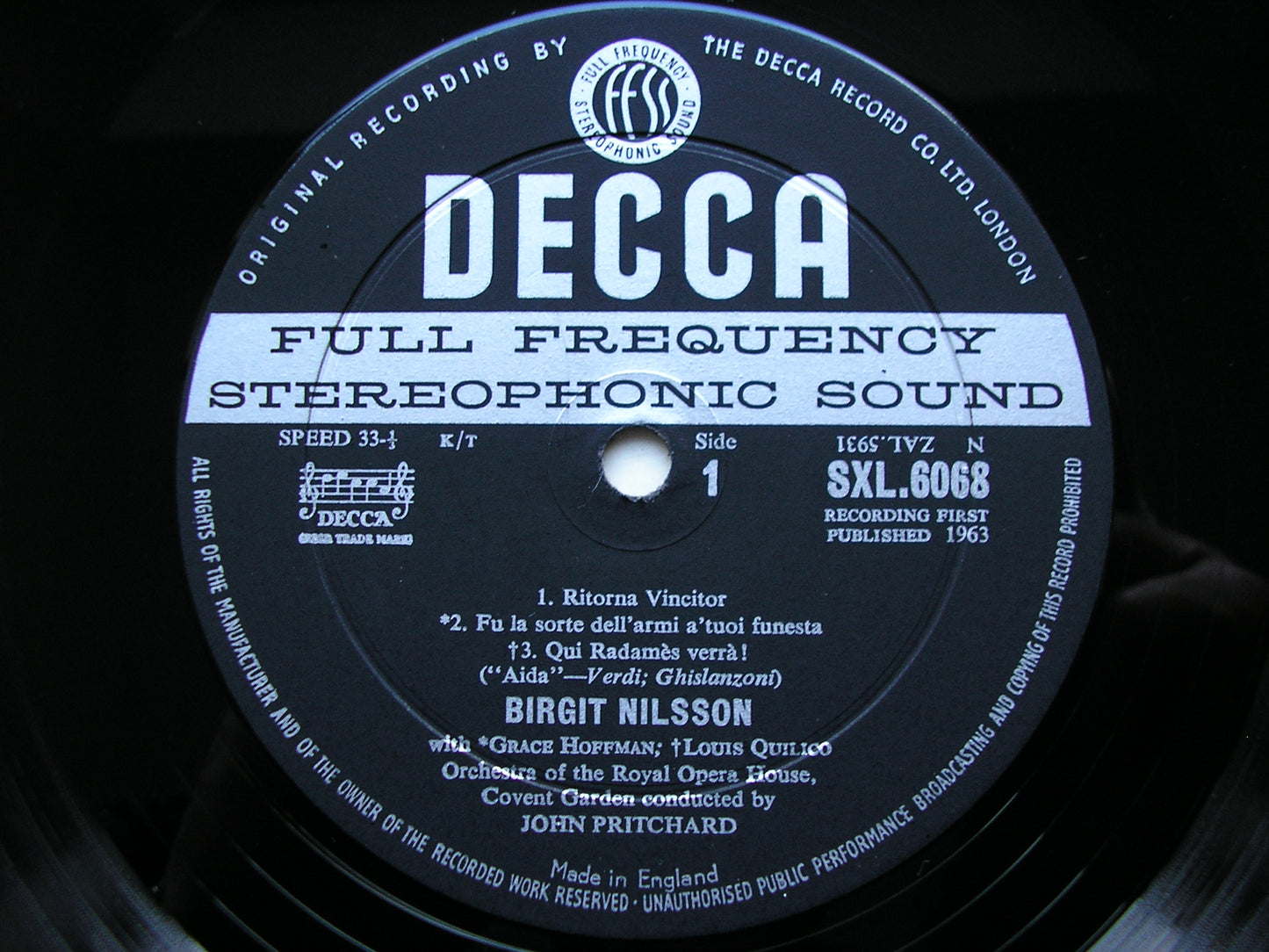 SXL 6068  VERDI: AIDA  excerpts    NILSSON / OTTOLINI / QUILICO / OROHCG / PRITCHARD     ED1