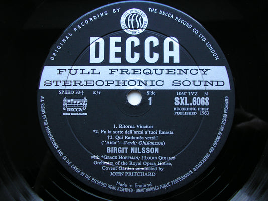 SXL 6068  VERDI: AIDA  excerpts    NILSSON / OTTOLINI / QUILICO / OROHCG / PRITCHARD     ED1