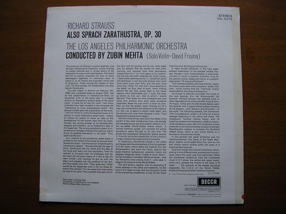 STRAUSS: ALSO SPRACH ZARATHUSTRA      ZUBIN MEHTA / LOS ANGELES PHILHARMONIC    SXL 6379