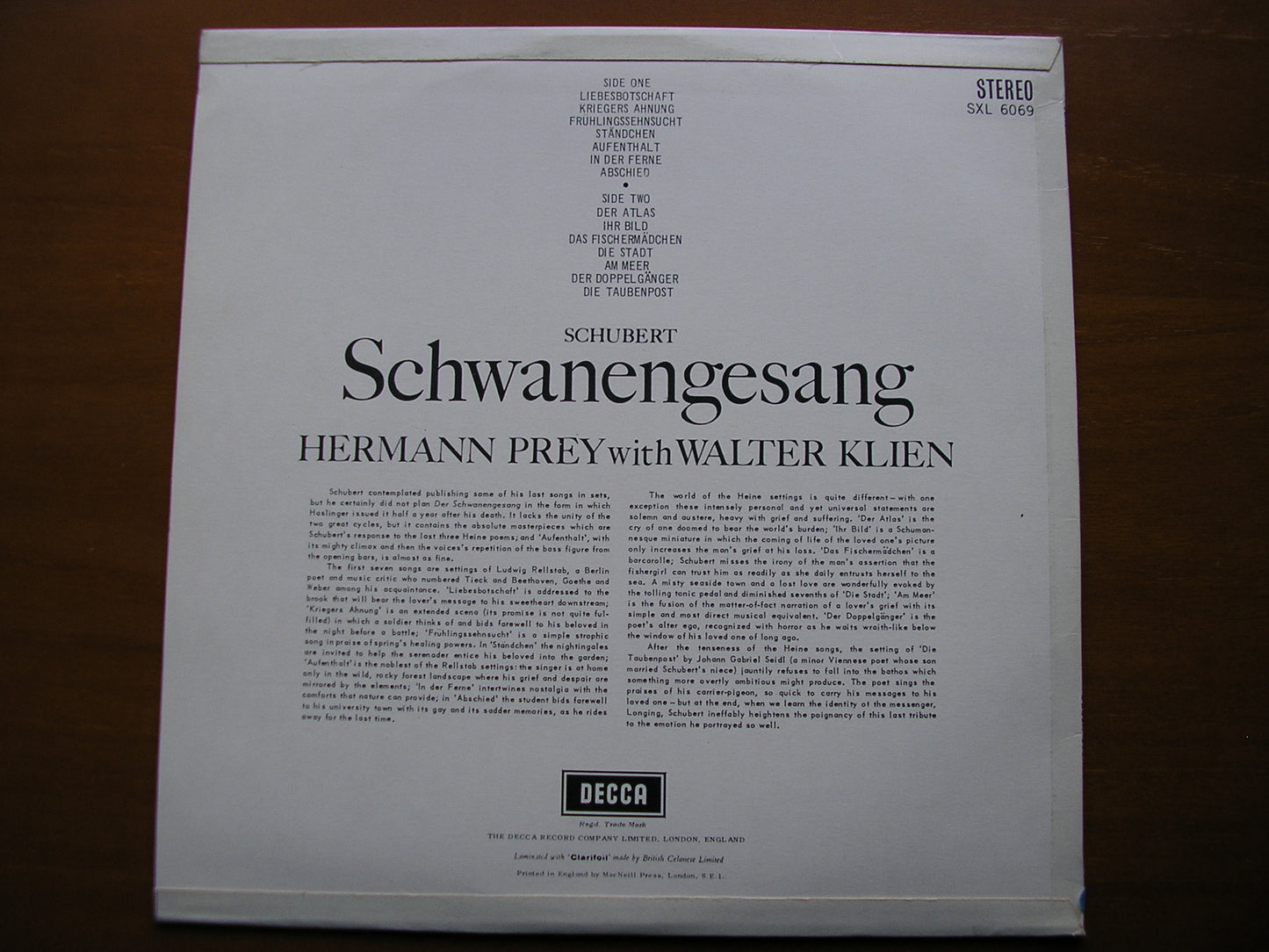 SXL 6069  SCHUBERT: SCHWANENGESANG     HERMANN PREY / WALTER KLEIN      ED1