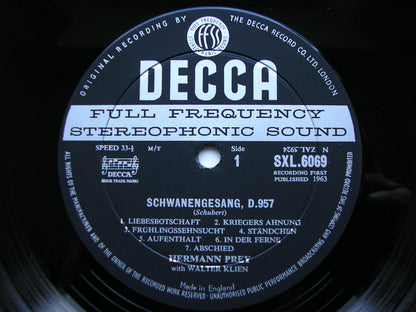 SXL 6069  SCHUBERT: SCHWANENGESANG     HERMANN PREY / WALTER KLEIN      ED1