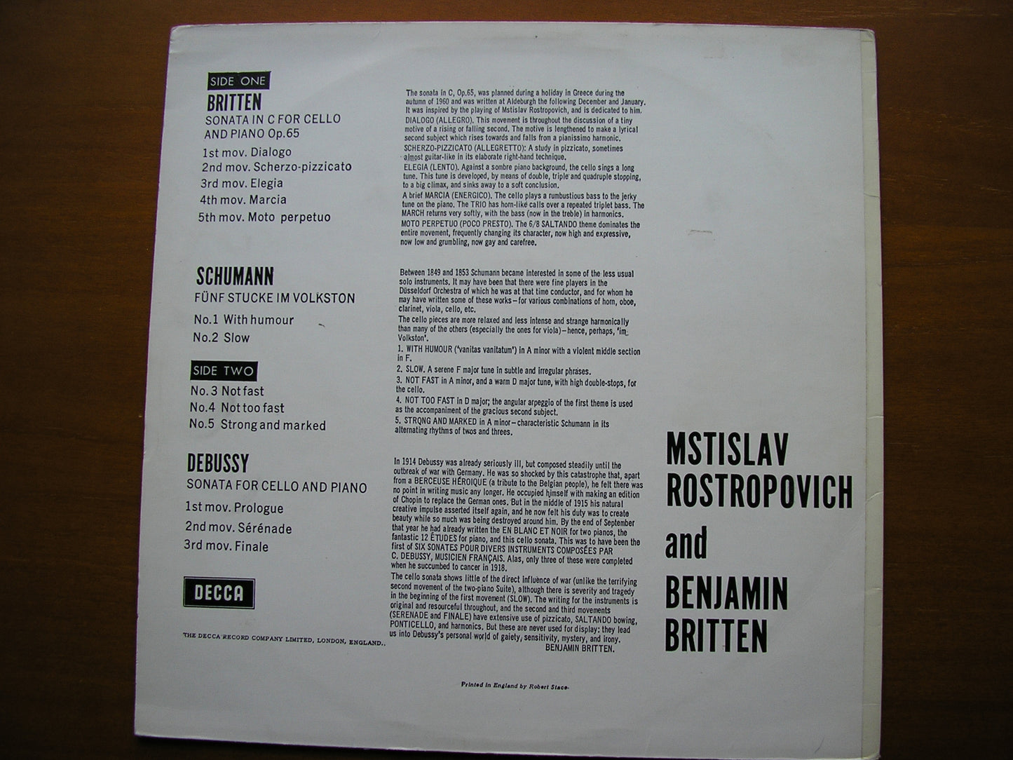 BRITTEN / DEBUSSY / SCHUMANN: MUSIC FOR CELLO & PIANO       ROSTROPOVICH / BRITTEN     SXL 2298