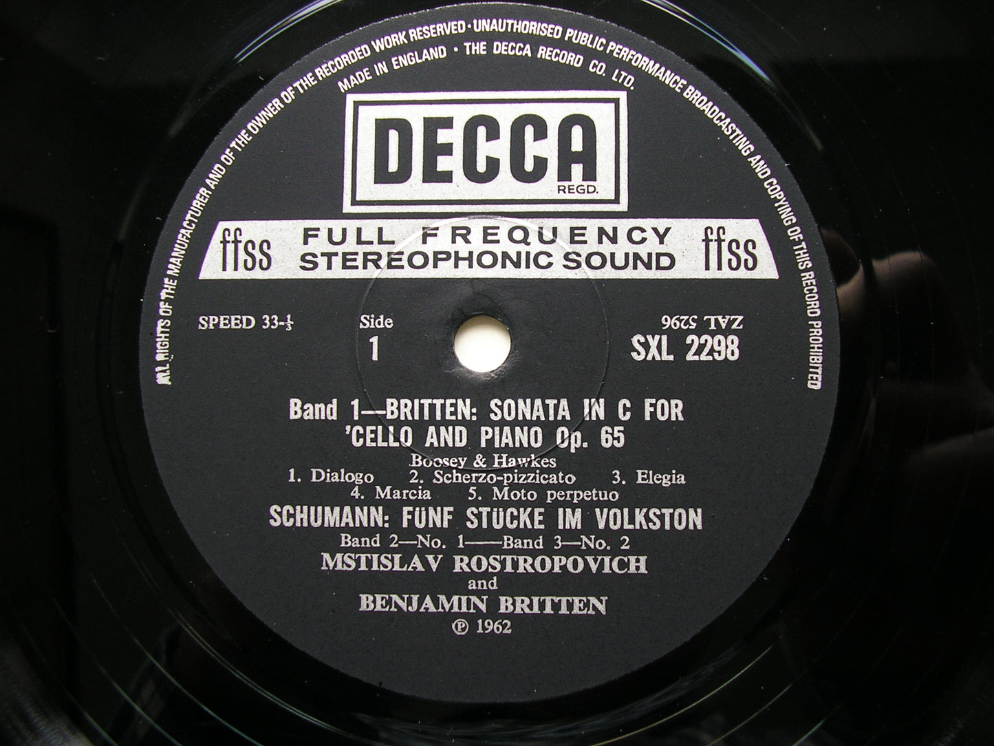 BRITTEN / DEBUSSY / SCHUMANN: MUSIC FOR CELLO & PIANO       ROSTROPOVICH / BRITTEN     SXL 2298