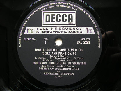 BRITTEN / DEBUSSY / SCHUMANN: MUSIC FOR CELLO & PIANO       ROSTROPOVICH / BRITTEN     SXL 2298