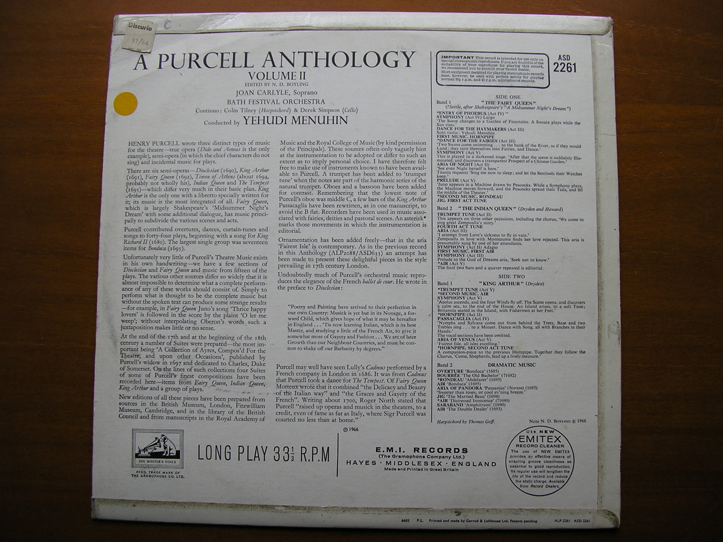 PURCELL: MUSIC FOR THE THEATRE      CARLYLE / BATH FESTIVAL ORCHESTRA / MENUHIN    ASD 2261