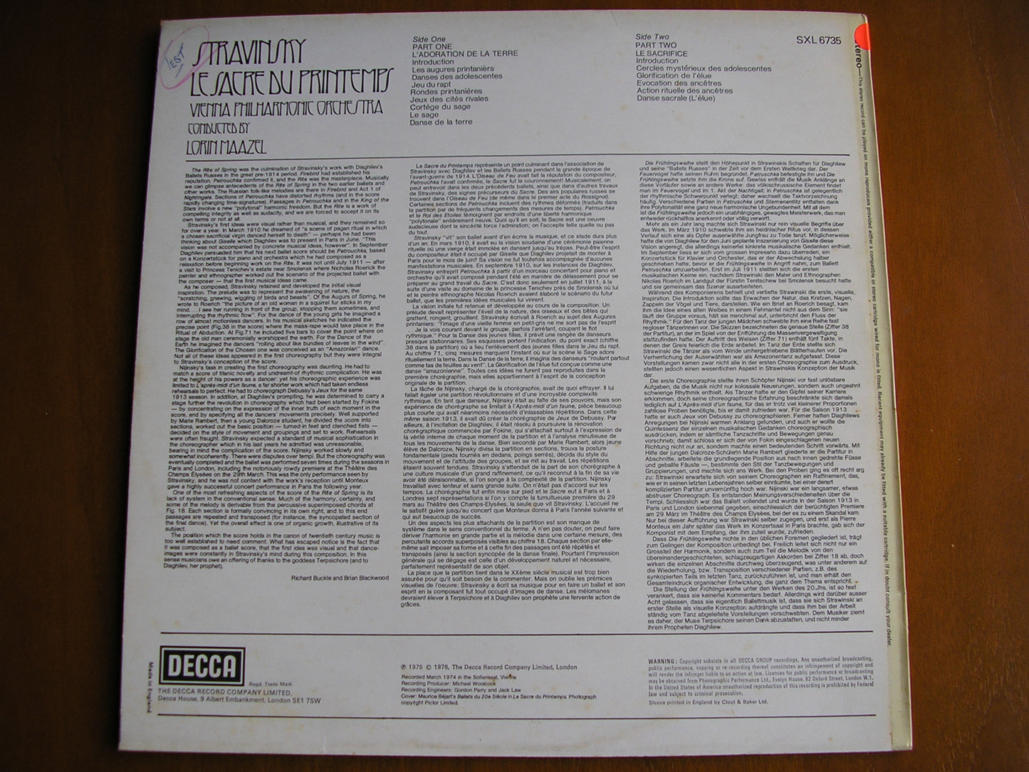STRAVINSKY: THE RITE OF SPRING     MAAZEL / VIENNA PHILHARMONIC     test pressing   SXL 6735