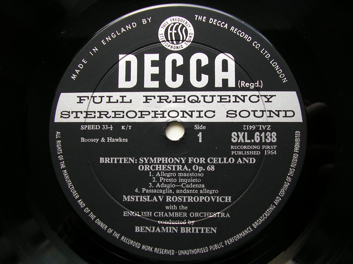 BRITTEN: CELLO SYMPHONY Op. 68 / HAYDN: CELLO CONCERTO in C      ROSTROPOVICH / ECO / BRITTEN     SXL 6138