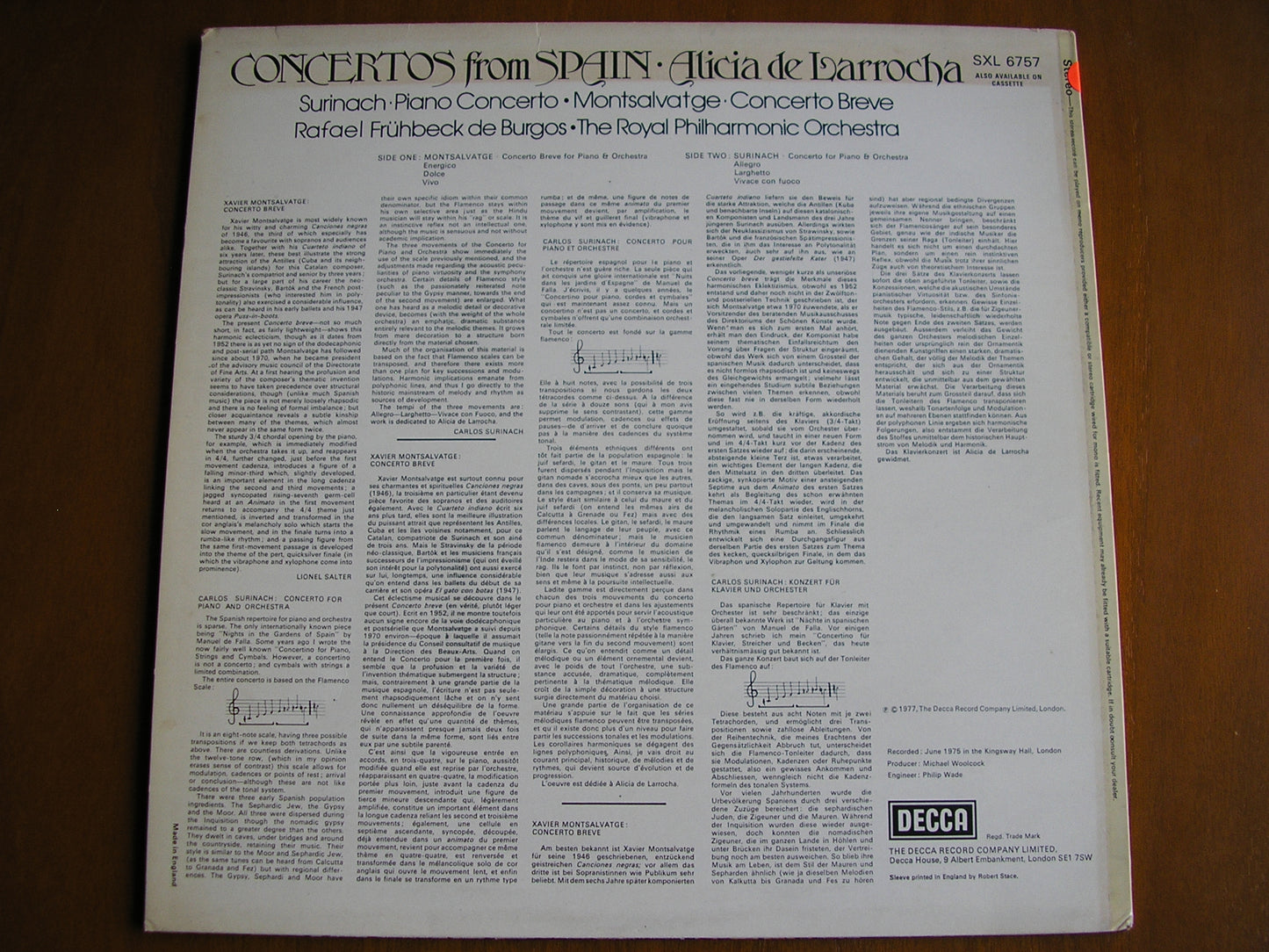 CONCERTOS FROM SPAIN: MONTSALVAGE  Concerto Breve / SURINACH Piano Concerto      LARROCHA / ROYAL PHILHARMONIC / DE BURGOS   test pressing     SXL 6757
