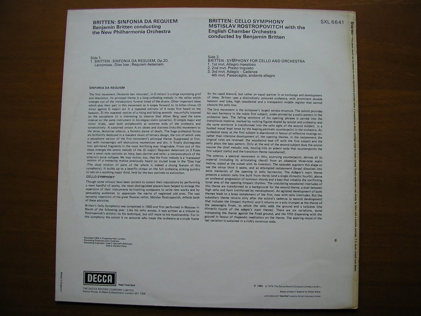BRITTEN: CELLO SYMPHONY Op. 68 / SINFONIA DA REQUIEM     ROSTROPOVICH / ECO / NPO / BRITTEN    SXL 6641