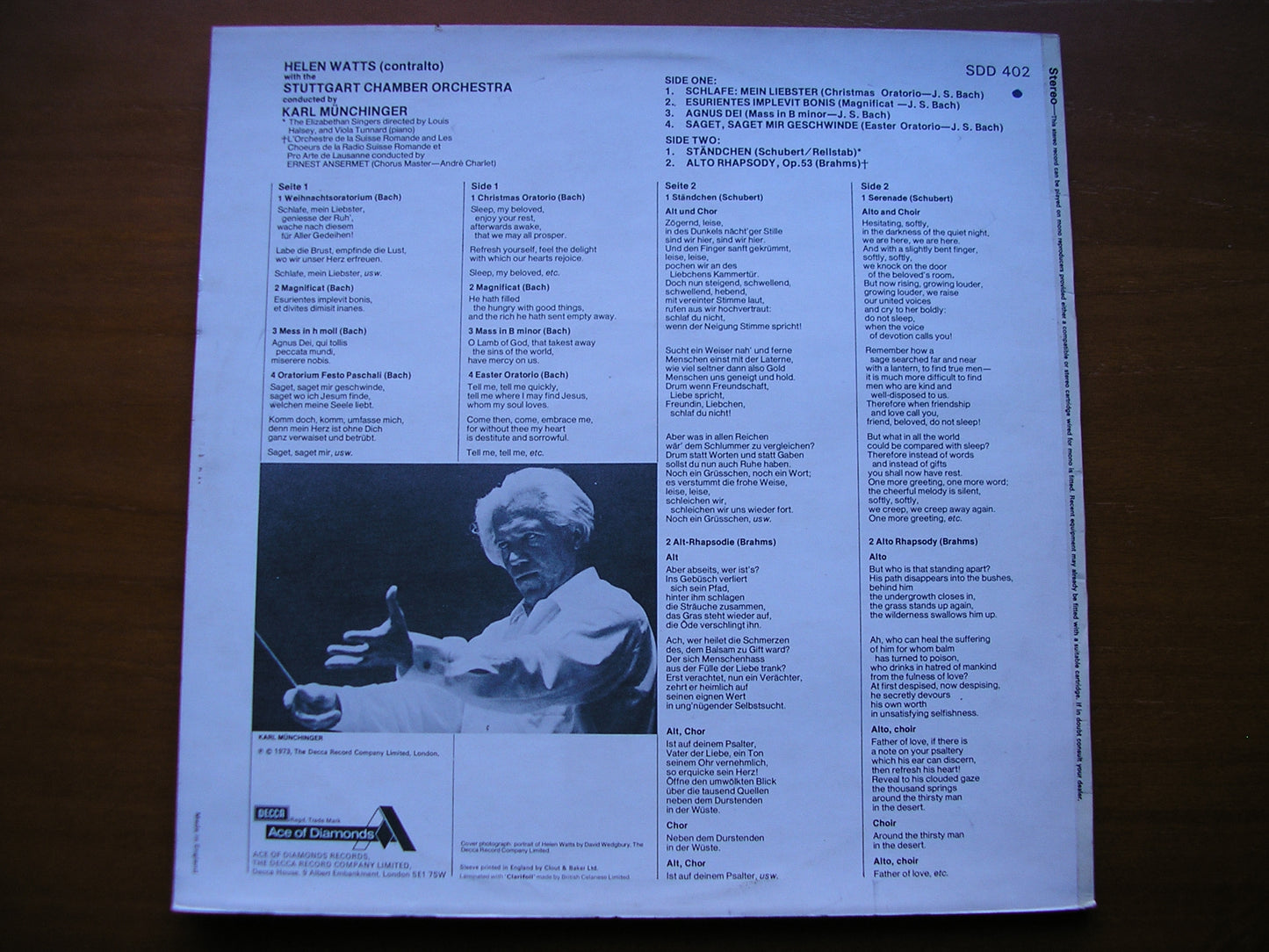 HELEN WATTS SINGS BACH / SCHUBERT / BRAHMS     STUTTGART CHAMBER ORCHESTRA / MUNCHINGER / SUISSE ROMANDE / ANSERMET    SDD 402