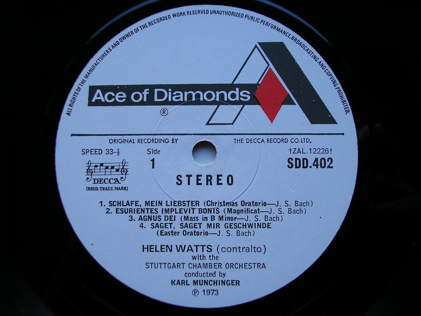 HELEN WATTS SINGS BACH / SCHUBERT / BRAHMS     STUTTGART CHAMBER ORCHESTRA / MUNCHINGER / SUISSE ROMANDE / ANSERMET    SDD 402