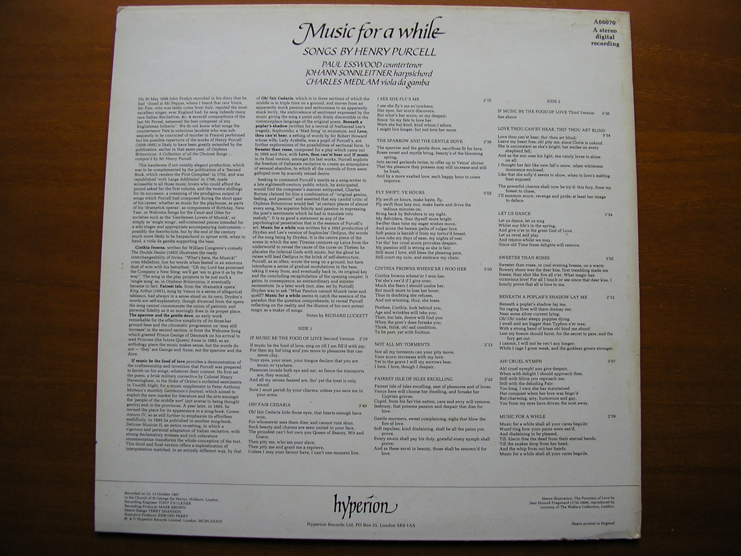 MUSIC FOR A WHILE:  SONGS OF PURCELL      ESSWOOD / SONNLEITNER / MEDLAM     A66070